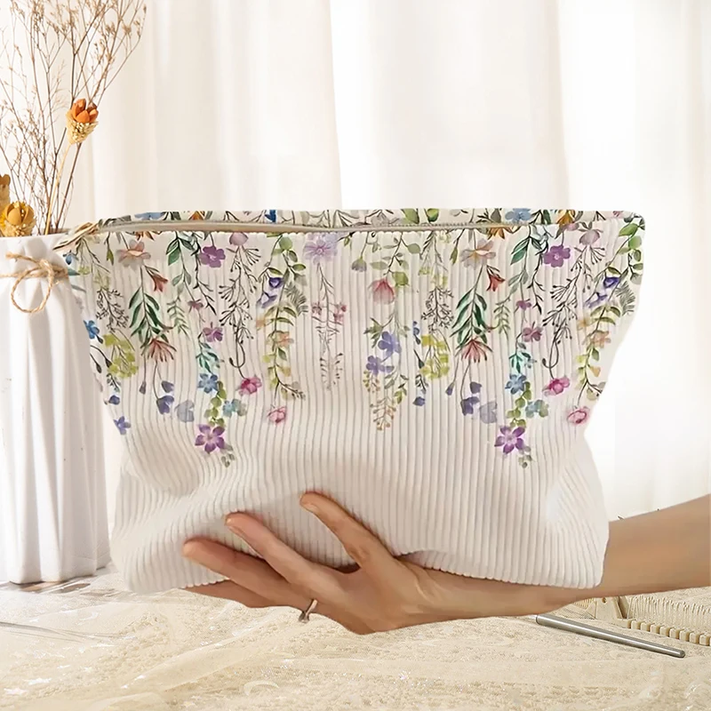 Cosmetic Bag Women Floral Makeup Case Organizer Korean Embroidery Cosmetic Pouch Travel Toiletry Bag Corduroy Canvas Beauty Case