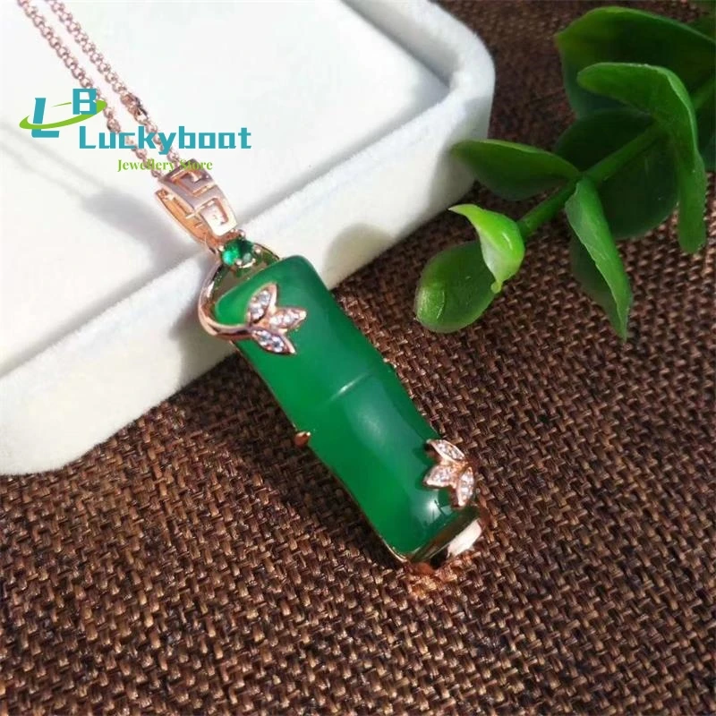 Natural Ice Pink Chalcedony Bamboo Pendant S925 Silver Inlaid Green Chalcedony Bamboo Sweater Chain Pendant Women Fashion Jewelr