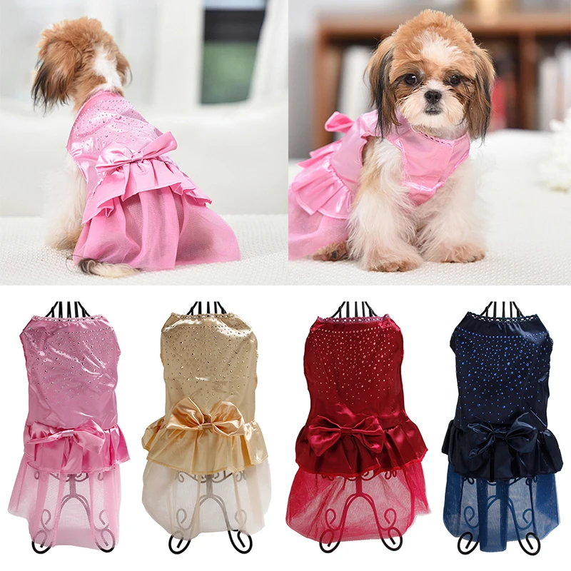 Rhinestone Dress Pet Cat Clothes Big Bows Satin Dresses for Dogs Cat Clothing Chihuahua Summer Pink Wedding Dress Pet Clothes