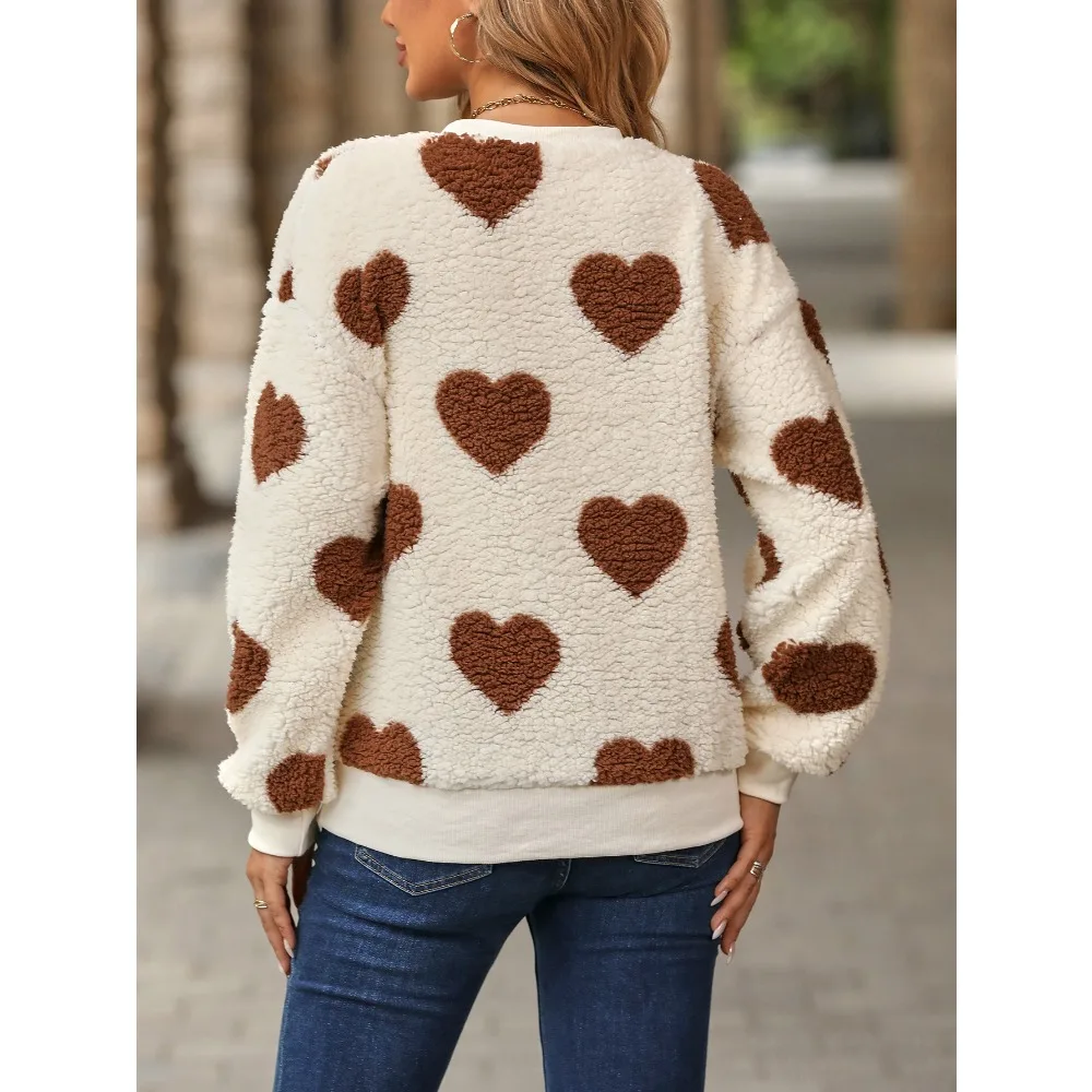 Autumn and Winter New Women\'s Fashion Plush Love Print Loose Long Sleeved Round Neck Pullover Sweater