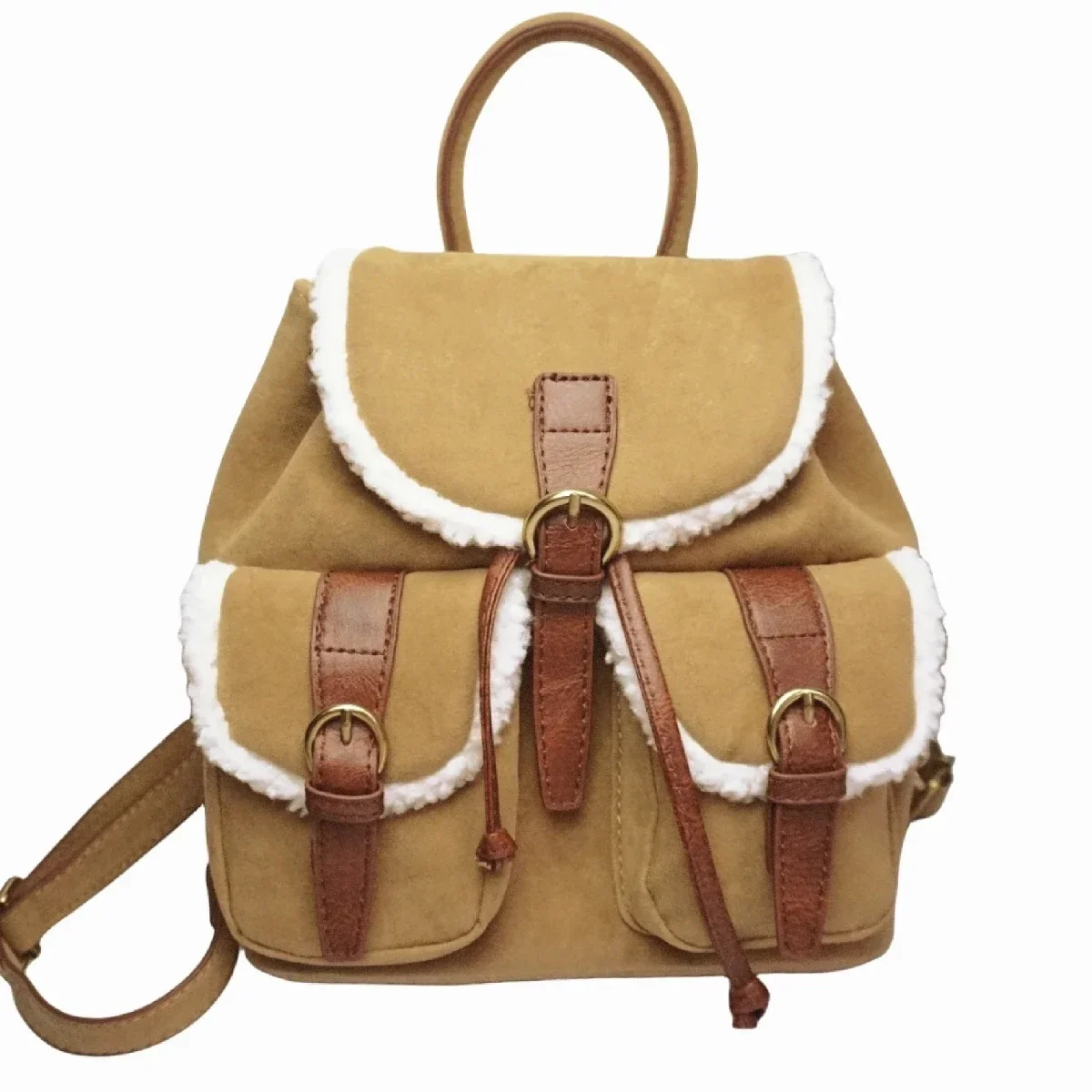 Faux Suede Leather Lamb Wool Medium Size Backpack Teen Vintage Retro Academia School Cute Kawaii Korean Fashion Casual Backpack