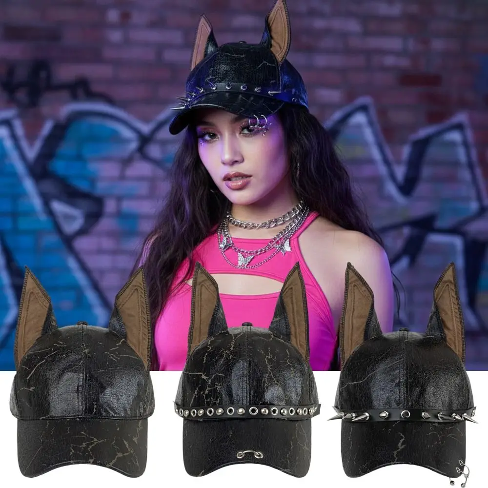 Fashion Punk Doberman Dog Ears Baseball Caps Adjustable y2k Leather Rivet Hats PU Spice Girl Sunshade Hip Hop Hats For Man Women