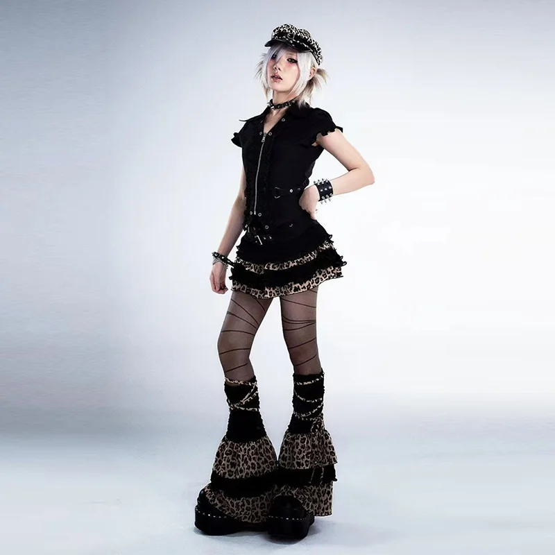 Y2K Penghangat Kaki Motif Macan Tutul Hitam Berbulu Lembut untuk Wanita, Stoking Retro Lolita dengan Tali yang Dapat Disesuaikan, Legging Pakaian Modis