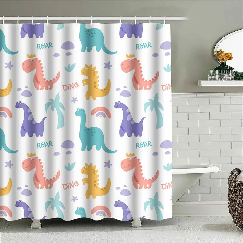 

Colorful Dinosaur Print Shower Curtain for Kids Bath Decor Waterproof Fabric with Rings Set Perfect Gift Idea