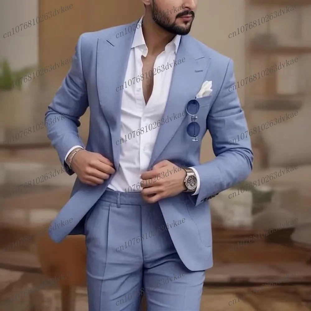 

New Light Blue Business Men Suit Groom Groomsman Wedding Party Prom Formal Occasion Male Tuxedos 2 Piece Set Blazer Pants