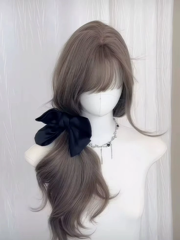 Серый Коричневый Парик с Челкой Длинные Волнистые Мягкие Волосы 24 дюйма Объемная Волна Парик Лолита Синтетическое Высокотемпературное Волокно Повязка на Голову Ежедневное Использование 가발