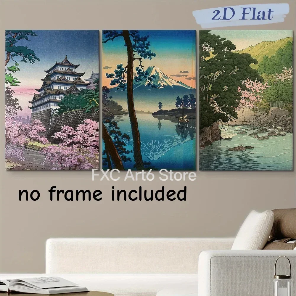 3PCS frameless Multi-size   high-definition decorative paintings, of Japanese ukiyo-e style castle cherry blossom scene