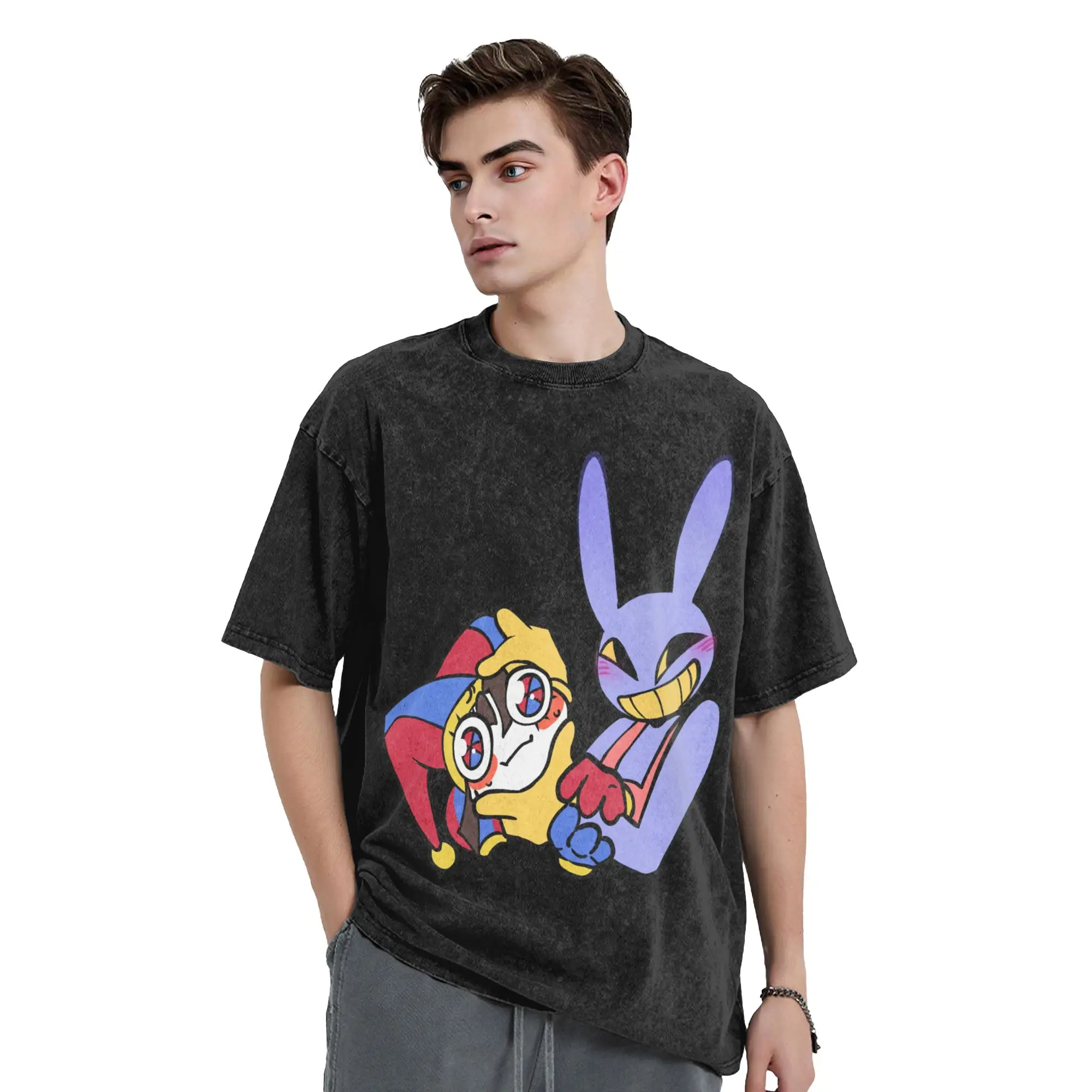 Pomni And Jax Cartoon Digitals Circus Washed T Shirts Streetwear Vintage T-Shirt Tees Men Women 100% Cotton Harajuku Printed
