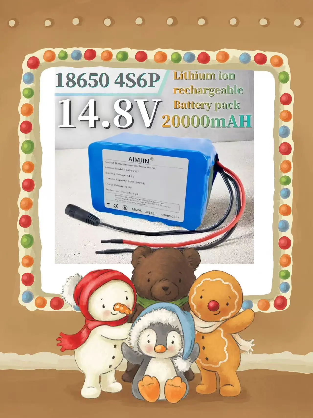 

with built-in BMS 18650 4S6P 14.8V 20000mAh rechargeable lithium battery pack for night fishing lights, heater+charger