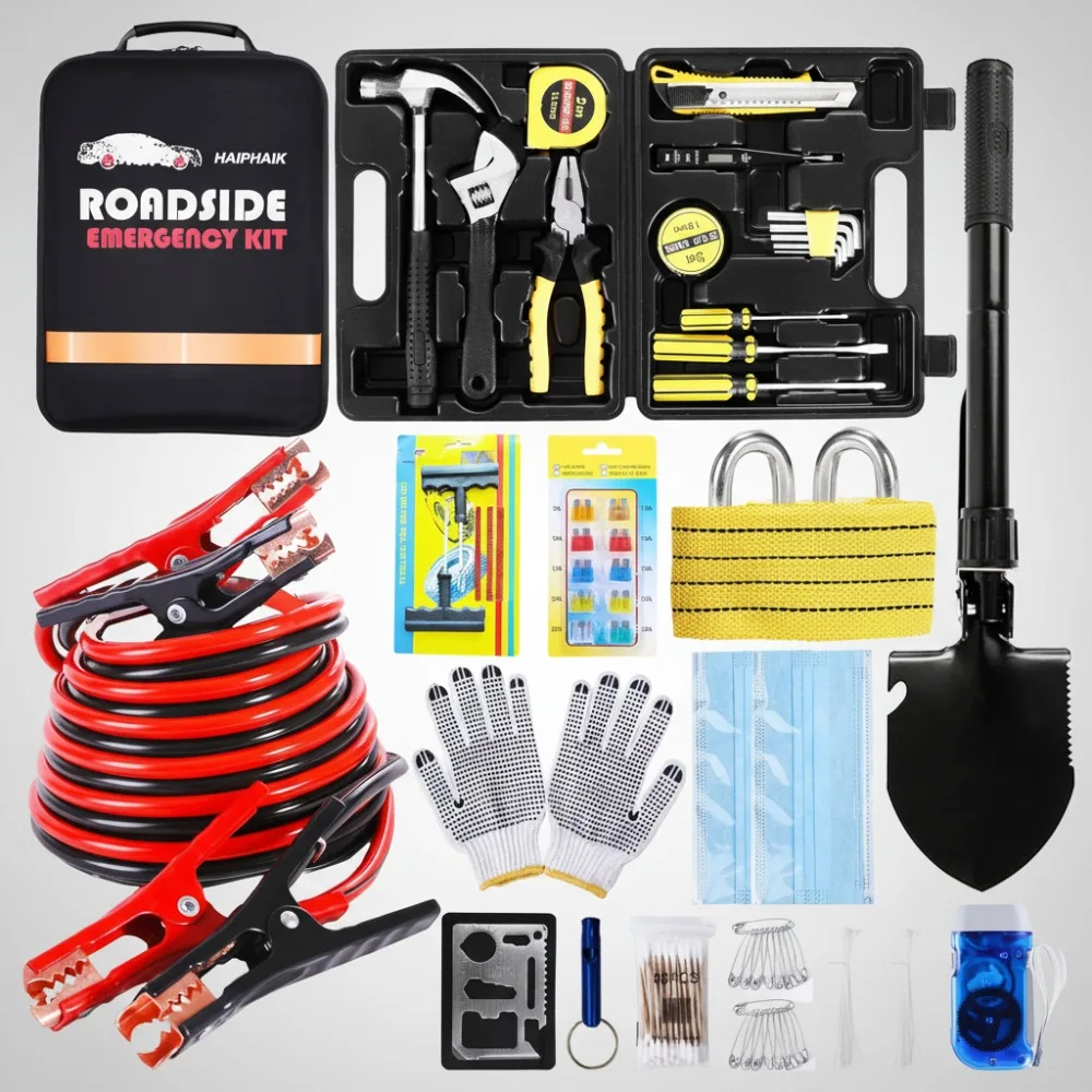 124-Piece Car Emergency Kit with Jumper Cables, Tow Strap & Survival Shovel - Roadside Safety Essentials