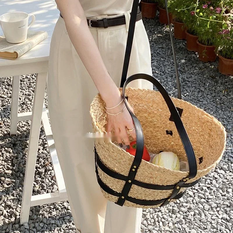 Advanced Sense Lafite Grass Hand Woven Bag One Shoulder Seaside Vacation Wind Beach Bag Large Capacity Traveling Bags For Ladies