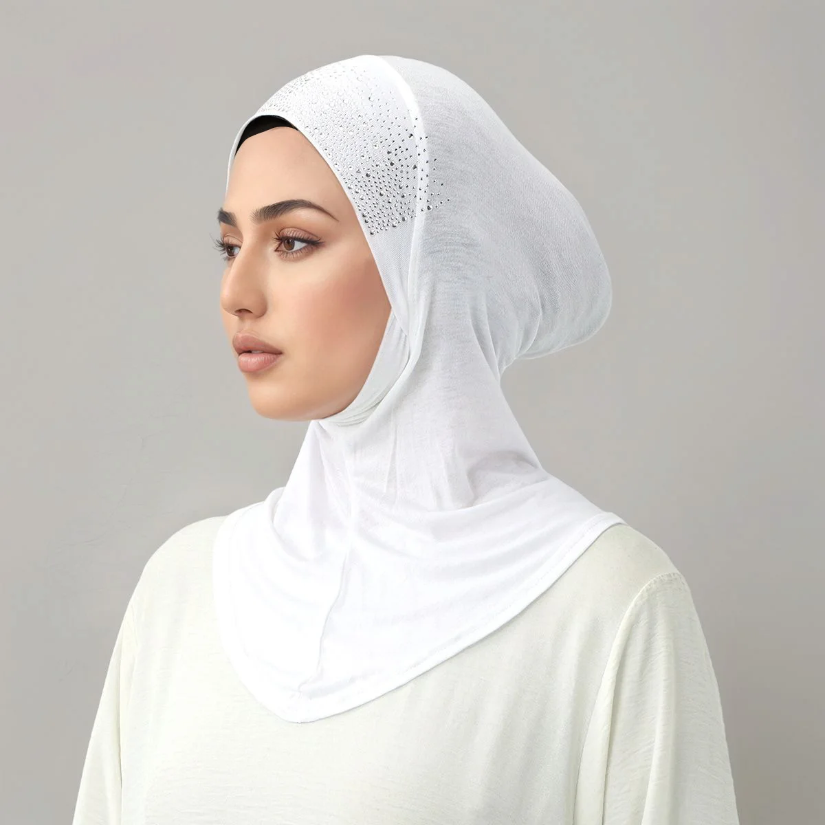 New Full Coverage Undercap Shiny Rhinestone Instant Hijab for Muslim Women Soild Cotton Jersey Bonnet Neck Cover Hijab Inner Cap