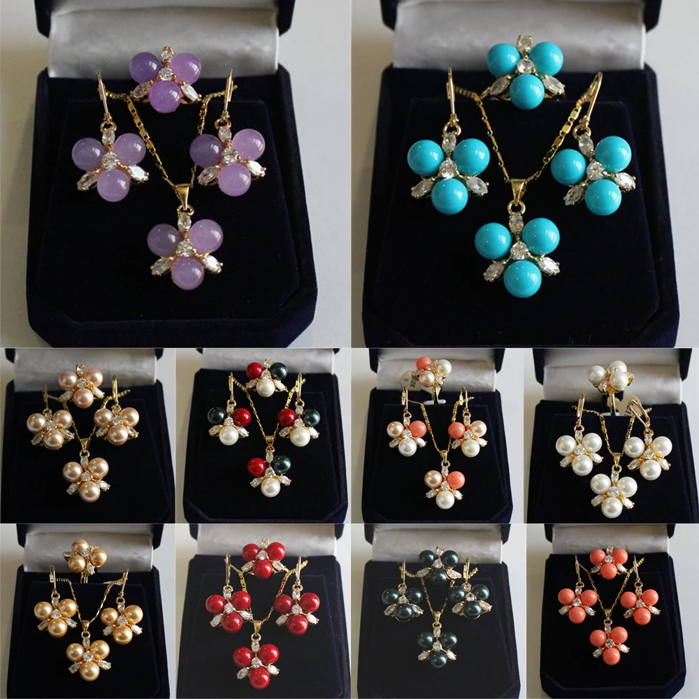 Multi-Color Choices White Green CZ White South Sea Shell Pearl Ring Pendant Earring Jewelry Set Crystal Flower Necklace Vintage