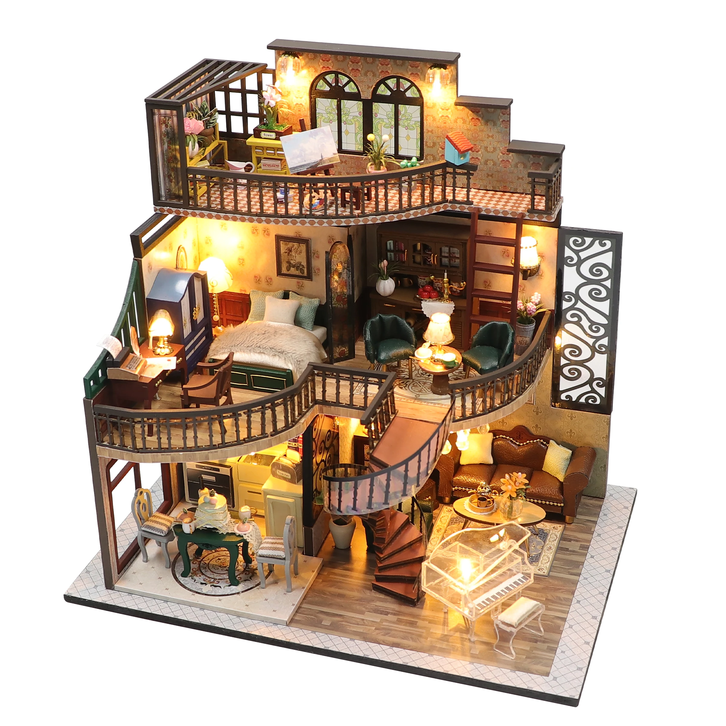 Casas para Bonecas de Madeira DIY para Adultos, Kits de Construção Miniatura com Mobiliário, Modern Loft, LED Dollhouse, Presentes de Aniversário