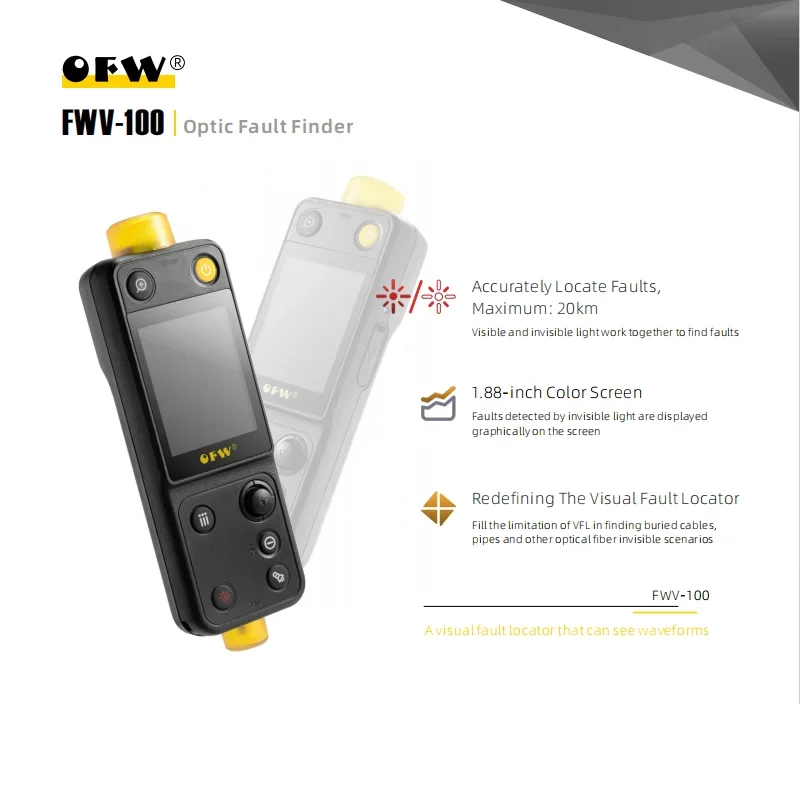 OFW-buscador de fallos ópticos, 20KM, soporte OTDR con mango, prueba de fibra activa, Ranger FTTB FTTH, medidor de prueba de punto de interrupción VFL 10MW