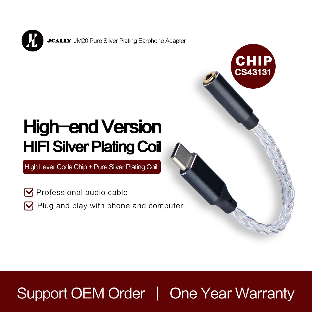 JCALLY JM20 CS43131DAC High-Quality Digital Audio Transfer Line Sterling Silver Line TYPEC To 3.5MM For Android