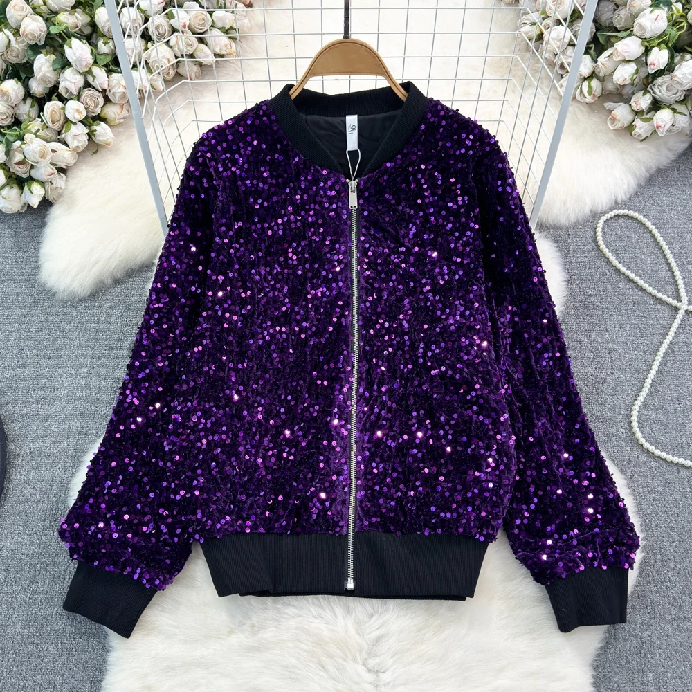 Clothland Women Sexy Sequined Jacket Zipper Long Sleeve Shinning Female Chic Fashion Coats Mujer CB082