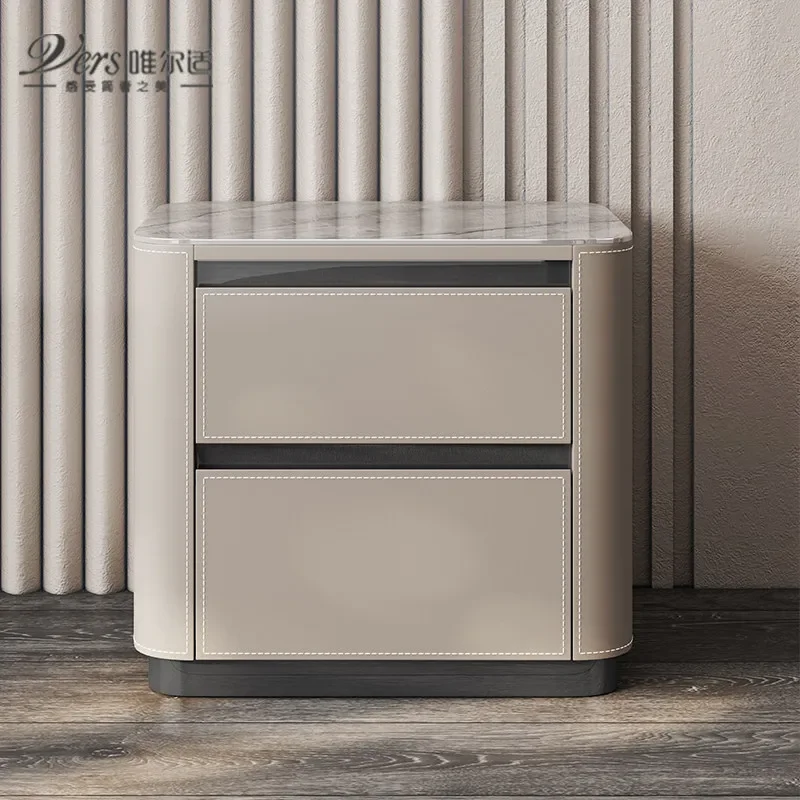 Italian bedside table designer modern simple two-chest cabinet minimalist with pumping bedroom saddle leather rock slab