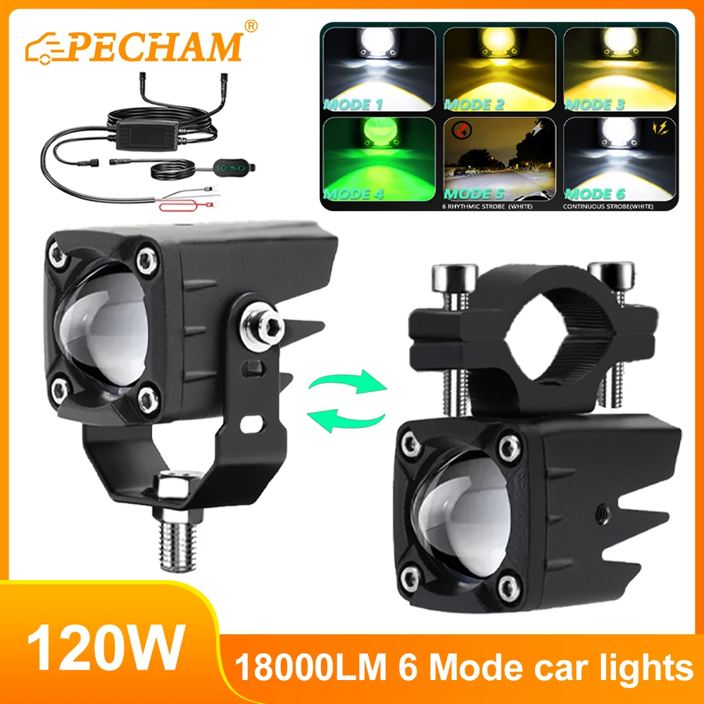 LED Motorcycle Headlight 120W 18000LM Tricolor 6 Modes Spotlight 6000/3000K Motorcycle Trucks SUV UTV Universal Fog Light 9V 30V