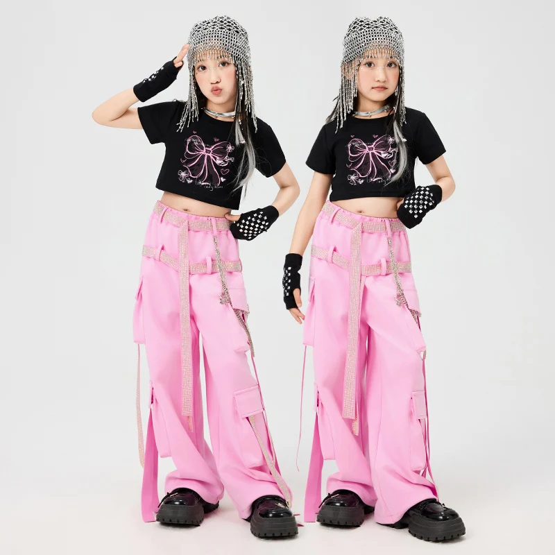 Meninas jazz dança desempenho roupas preto colheita topos rosa calças de carga linha cristal kpop street wear passarela concerto outfit 15960