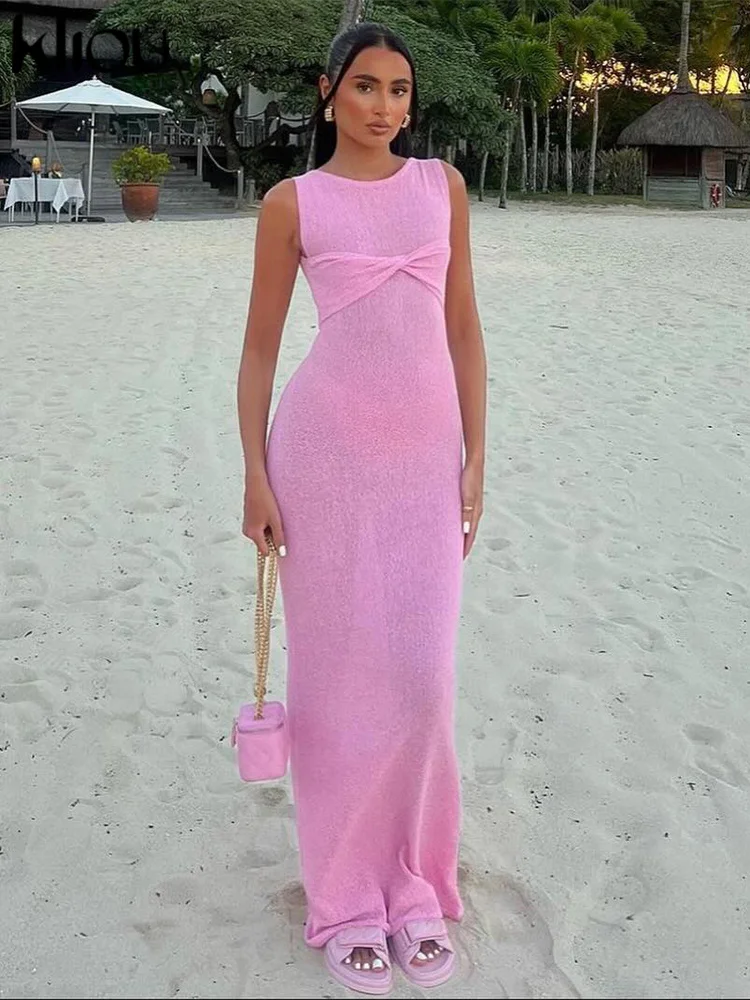 Kliou 夏リリースジュニアカジュアルニットミディドレス W24D48907 女性ピンク甘いタンクスリムソフティ Vestidos 固体エレガントなローブ