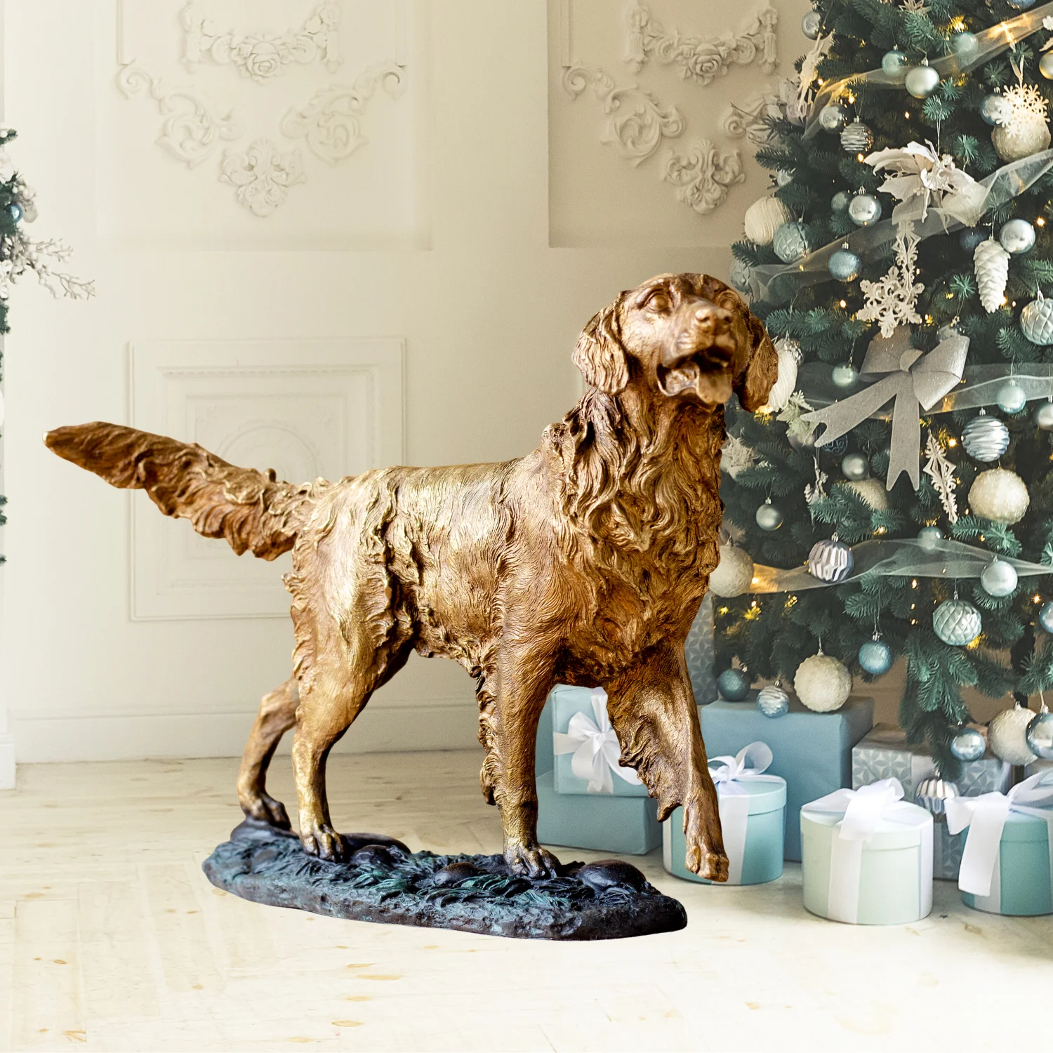 40cm Golden Retriever Bronze Sculpture Hot Casting Handmade Bronze Retriever Dog with Curly Fur Home Decoration Ornament Gift