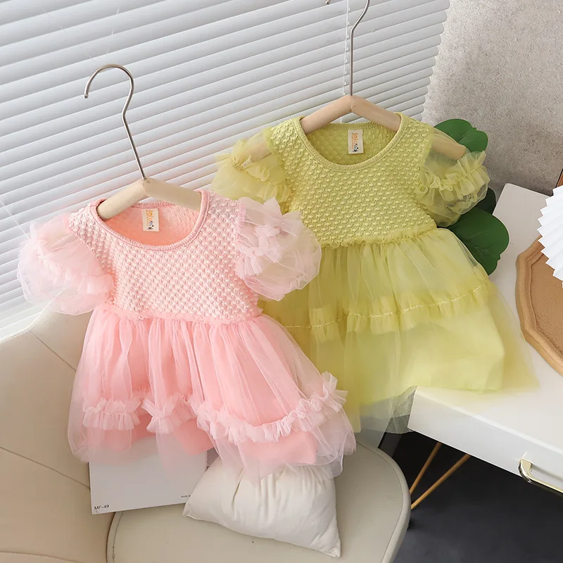 

Summer New Princess Style Baby Girl Dress, Simple Solid Color Bubble Short Sleeved Children'S Clothing From 9 Months To 3 Years