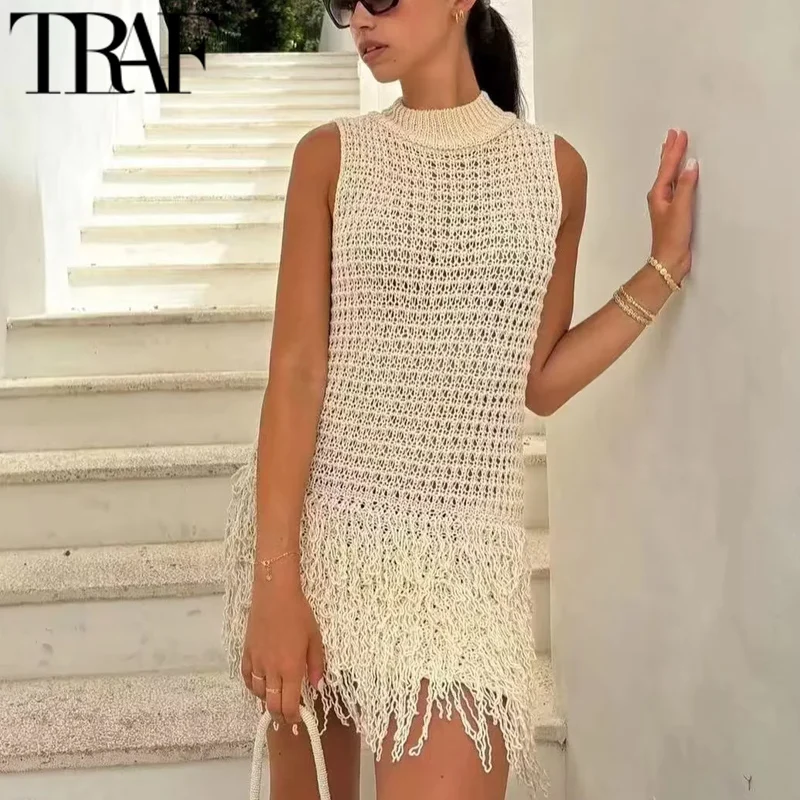 

TRAF Short Dresses 2024 Summer Women's Elegant Party Mini Knitted Dreses Ladies Fashion Casual SLeeveless Khaki Women Dresses