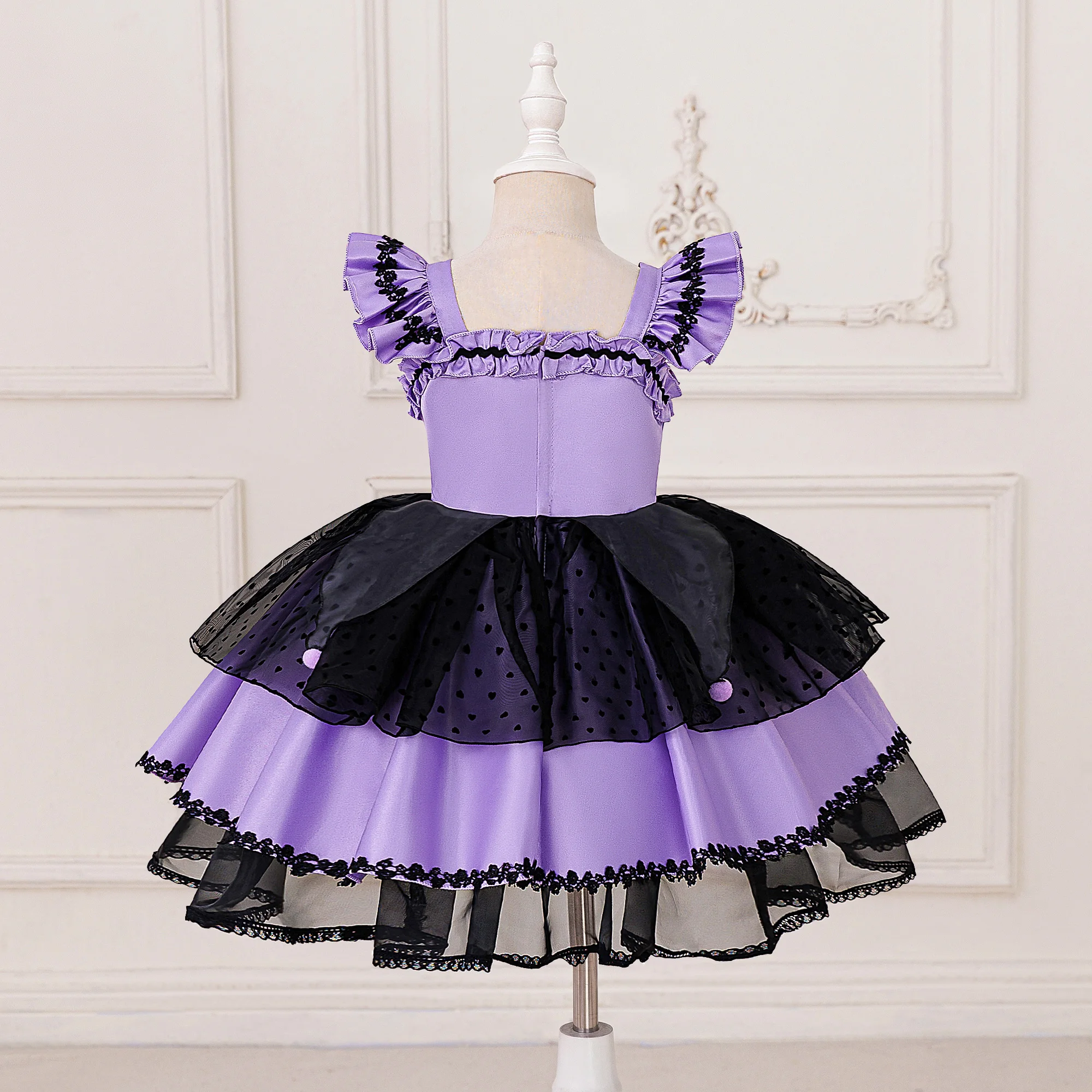 Schwarzes und lila süßes, cooles Lolita-Prinzessinnenkleid für Mädchen, flauschiges, gestuftes Partykleid – Detail 5