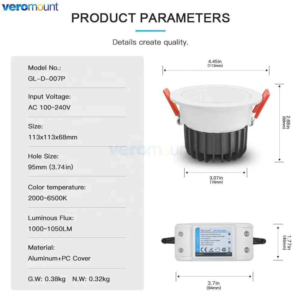 Zigbee 3.0 Smart RGBCCT Recessed Downlight LED 12W Pro Dimmable Waterproof IP54 For Kitchen Bedroom Corridor Bathroom