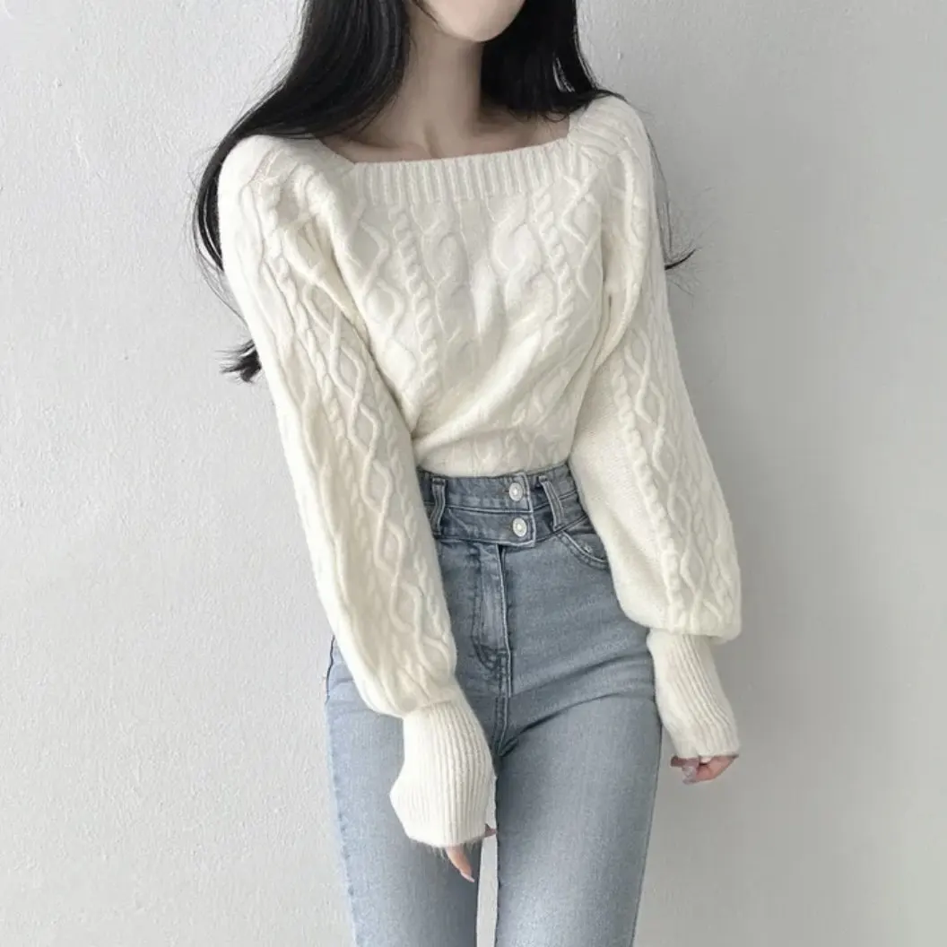 女性用フレンチニットセーター、ヴィンテージスクエアネック、厚手長袖、揚げパンツイスト、秋冬トップス