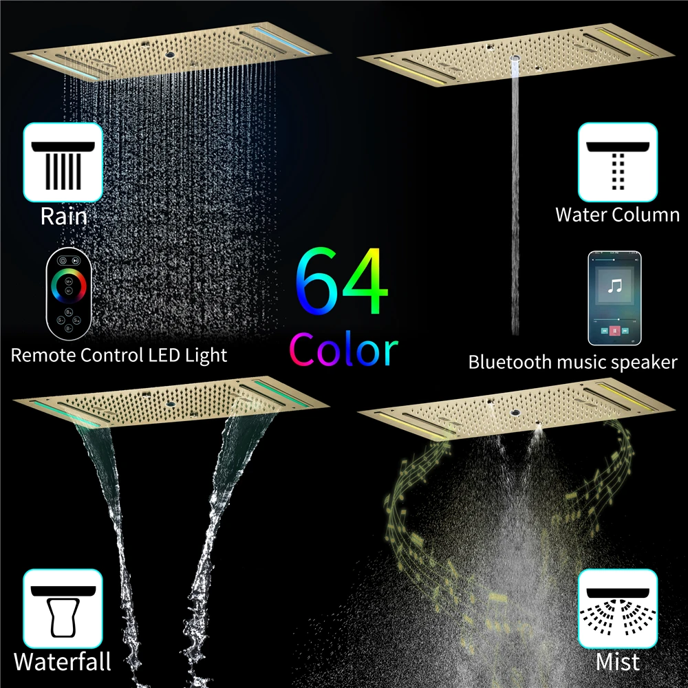 Rain & Waterfall 36x12Inch LED Shower Head with Music Speaker Massage & Jet Spray Thermostatic Control Shower Faucet