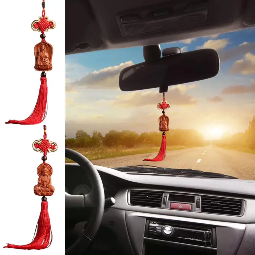 Blessing Safety Wood Buddha Car Hanging Ornament Chinese Knot Red Tassel Auto Rearview Mirror Pendant Car Interior Decor Gift