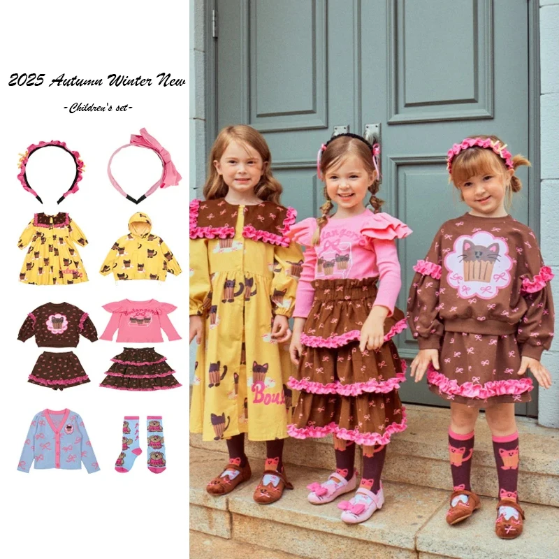 2025 خريف جديد الكورية الفتيات الكرتون فستان مجموعة طويلة الأكمام تي شيرت تنورة مجموعة إكسسوارات الشعر الجوارب الفتيات ملابس واقية من الشمس
