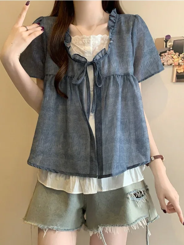 Women's New Short Sleeve Loose Fit Shirts Patchwork Design Fake Two Shirts Korean 2025 Casual Comfortable Casual Blouses