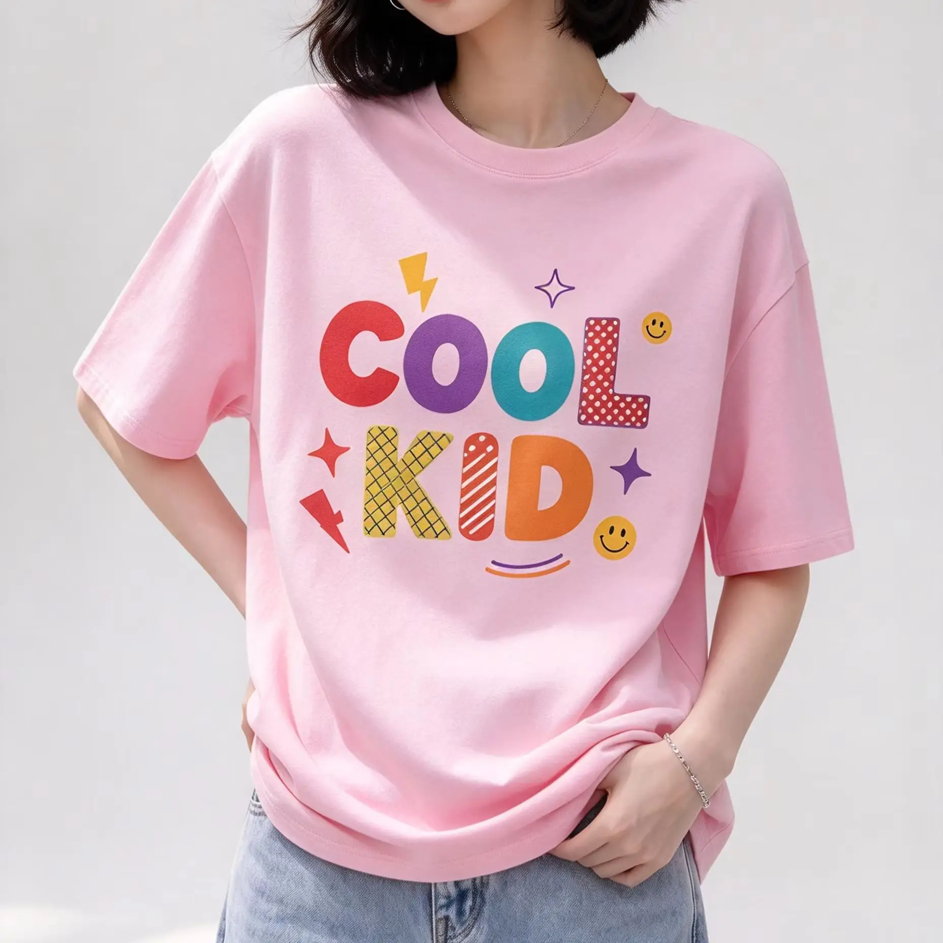 Cool Kid Colorful Letter Smile Lightning Star Graphic T Shirt Women Cute Retro Short Sleeve Tee