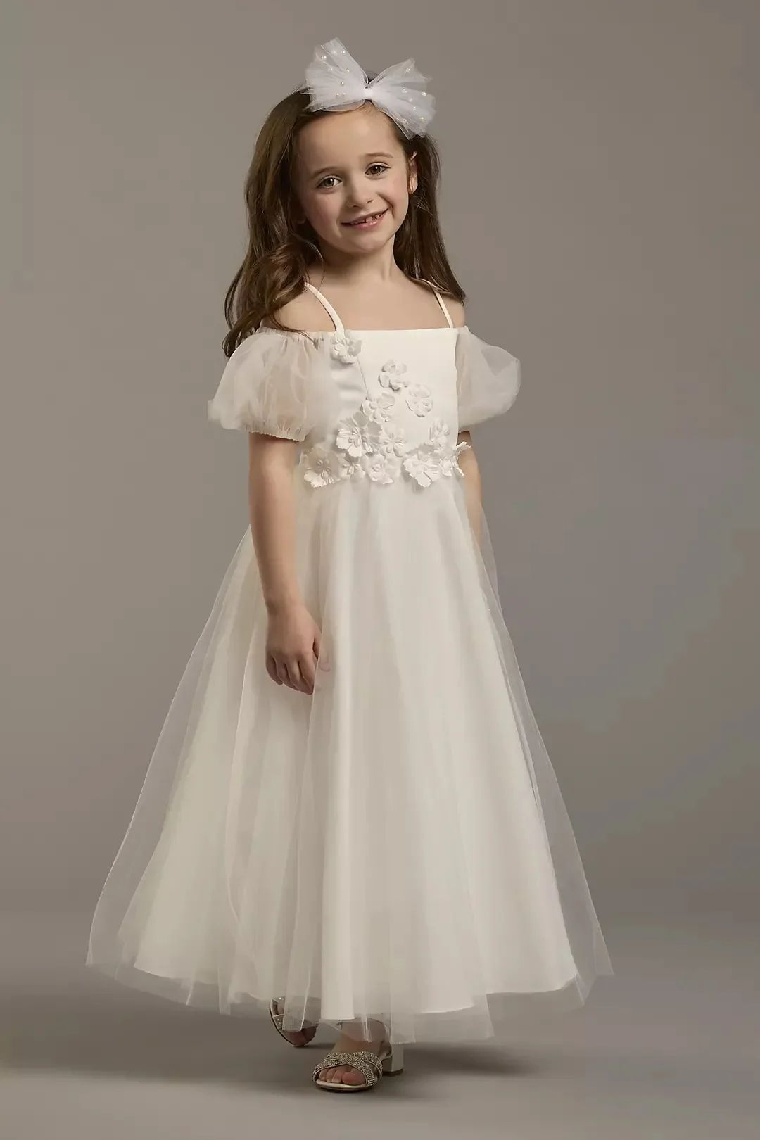 Children's off-shoulder flower girl wedding dress, girl's puff sleeve dress, birthday performance dress, communion ceremony