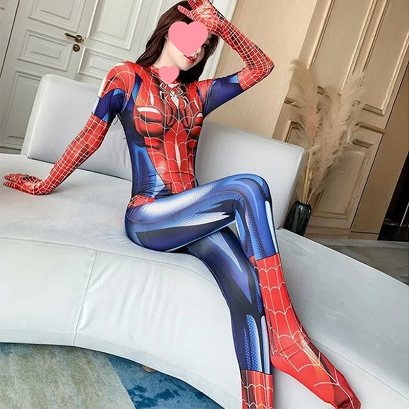 Spiderman sexy Cosplay Zentai Bodysuit für Frauen Mädchen Overall Black Spider Man Cosplay Kostüm Halloween Karneval Partykleid