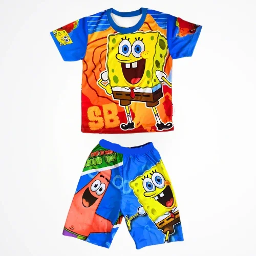 Entzückend süßes SpongeBob Pyjama-Set für Erwachsene und Kinder, 3D-Ganzkörper-Cartoon-Print, Kurzarm-Loungewear mit Shorts