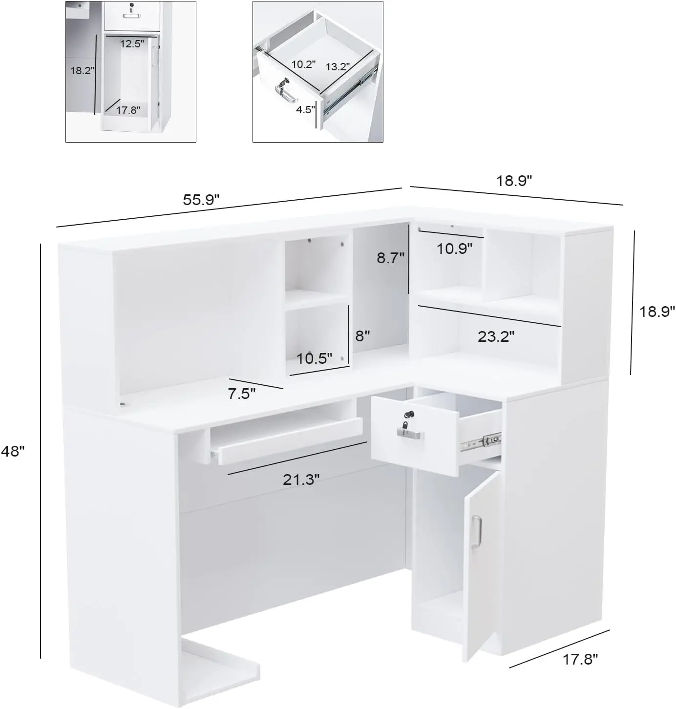 Reception Desk, L Shaped Standing Front Desk Reception With Counter, Lockable Drawers & Adjustable Shelf For Salon Office,