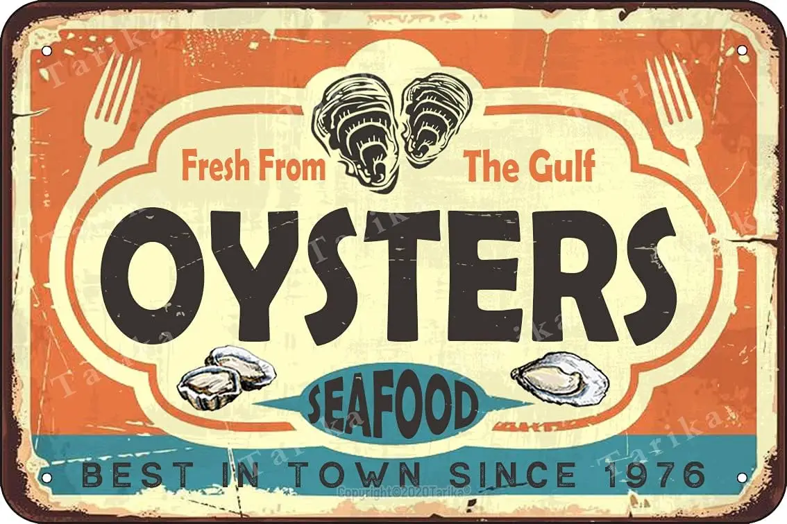 Fresh from The Gulf Oysters Seafood Tin 8X12 Inch Vintage Look Decoration Art Sign for Home Kitchen Farm Bar Pub Man