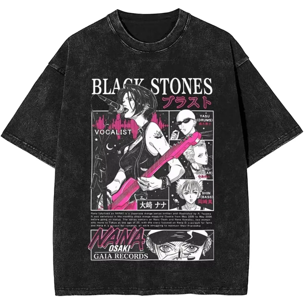 Männer Frauen Manga Black Stones Nana Vintage Washed T Shirts Trendy Tee Paar Sommer Ästhetische Säure Gewaschen hohe qualität weich