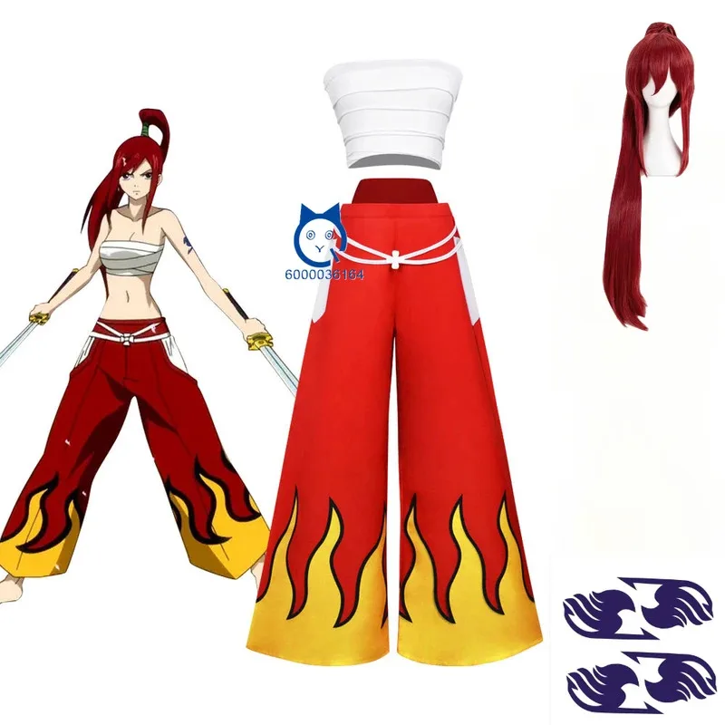 

Anime Fairy Tail Erza Cosplay Costume Strapless Top Pants Uniform Wig Full Set for Women Girls Halloween Role Play Comic Con