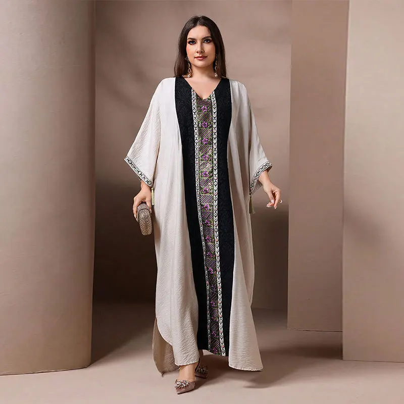 

Ближний Восток, новая мода 2025 г., женская повседневная модная одежда с блестками и v-образным вырезом, длинными рукавами и кисточками, свободная вышитая женская одежда Абая