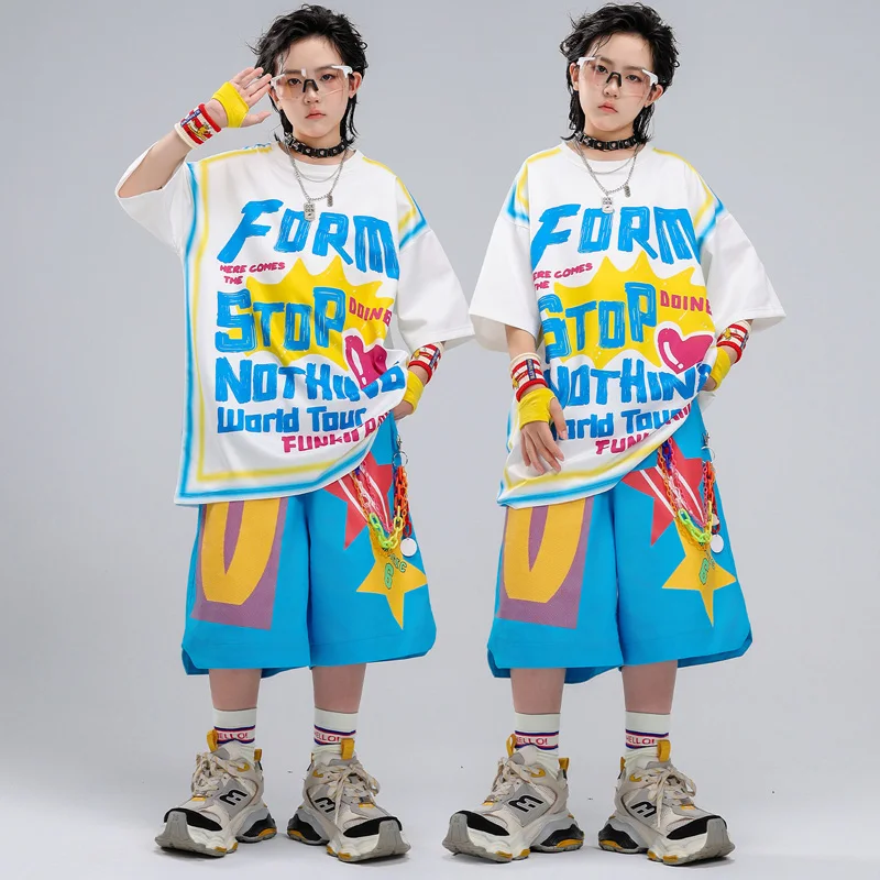 Hip‑hop Dance Outfit Graffiti Print Oversized T Shirt Blue Cargo Shorts Streetwear Stage Performance Costume