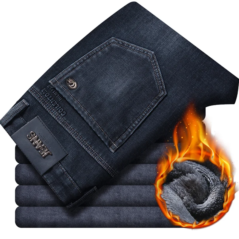 

Winter New Fleece Thickened Men's Jeans Stretch Loose Straight Denim Pants Business Casual Warm Trousers Male Casual Bottoms