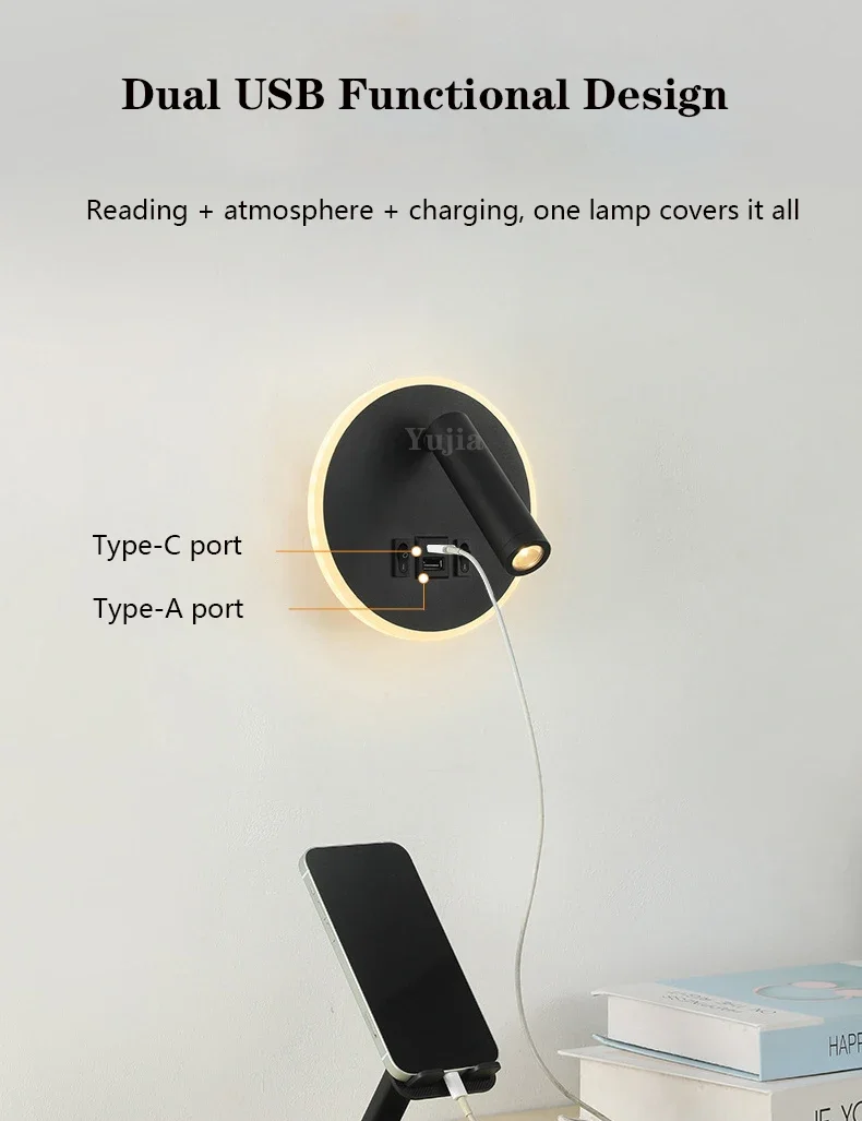 Minimalist Dual Control Wall Lamp with Fast Charging Ports (USB-A & C) Square/Round LED Backlit Sconce Adjustable Reading Light