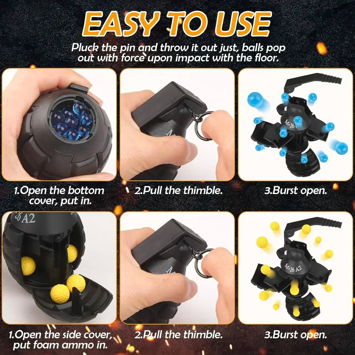 M26A2 Airsoft Grenade Toys1pcs، مع 9 رغوة الذخيرة السوداء متعة تأثير اللعب التكتيكية فريق الرياضة في الهواء الطلق لعمر 14 سنة