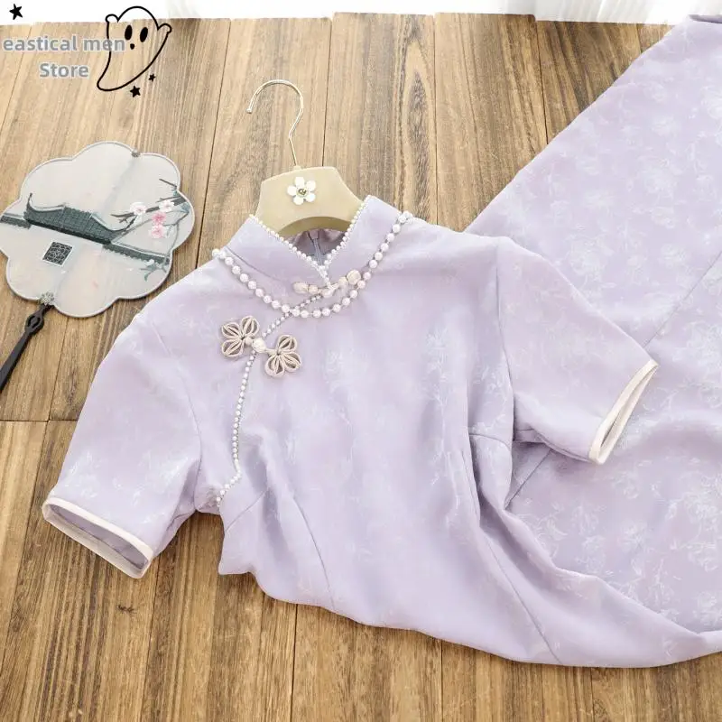 Floral Print Qipao Dress Women Summer New Dresses Chinese Princess Banquet Robe Gown Purple Chesongam Slim Vestidos Qipao
