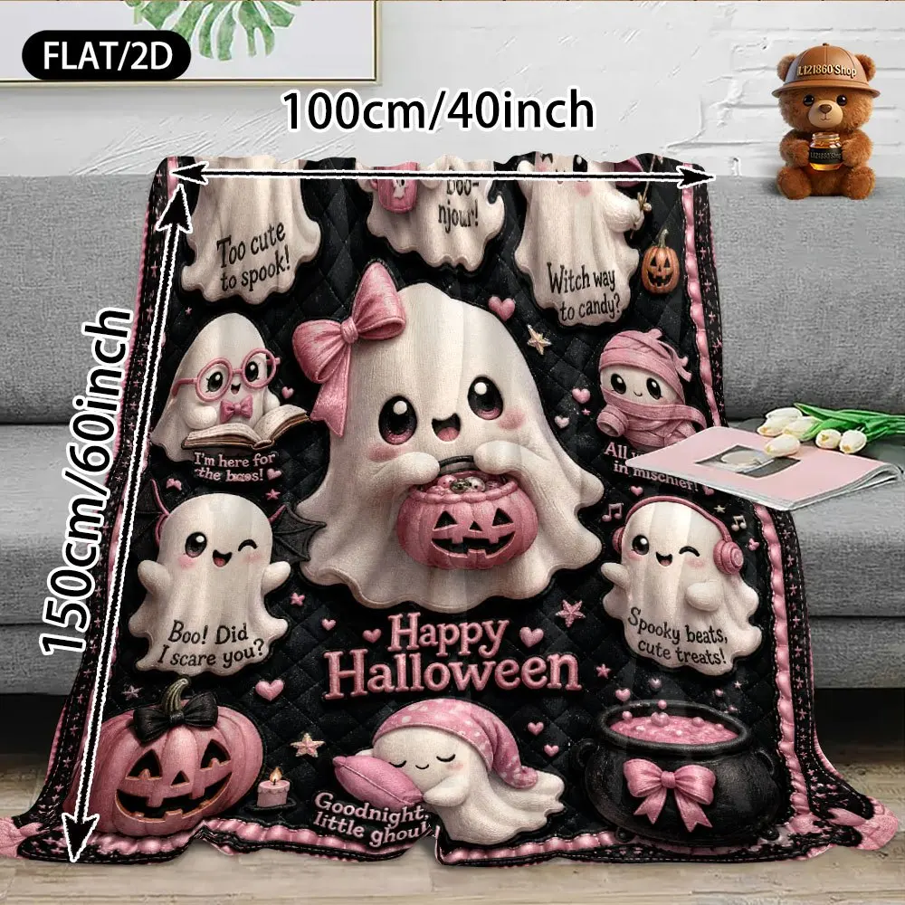 Flat/2D Pink Halloween Ghost Theme Digital Print Flannel Blanket Black Pink Sweet Cool Bow Pumpkin 